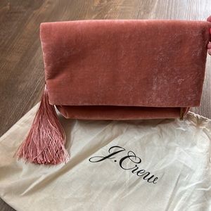 JCrew Blush Velvet Foldover Clutch with Tassel, Like New